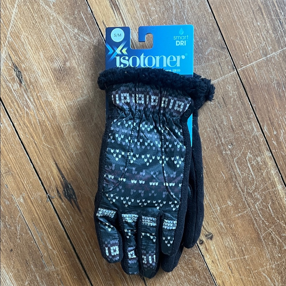 Isotoner SmartDRI Black and Gray Patterned Gloves